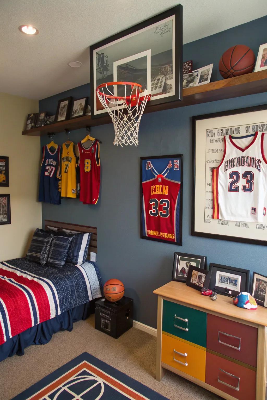 A bedroom decorated with sports-related items like a basketball hoop and sports memorabilia.