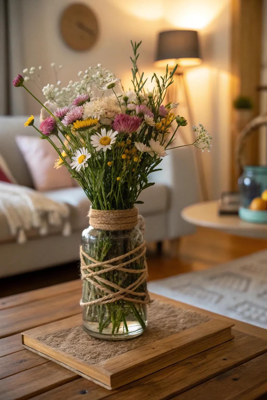 A country-style branch-wrapped container brimming with meadow flowers, exuding organic charm.