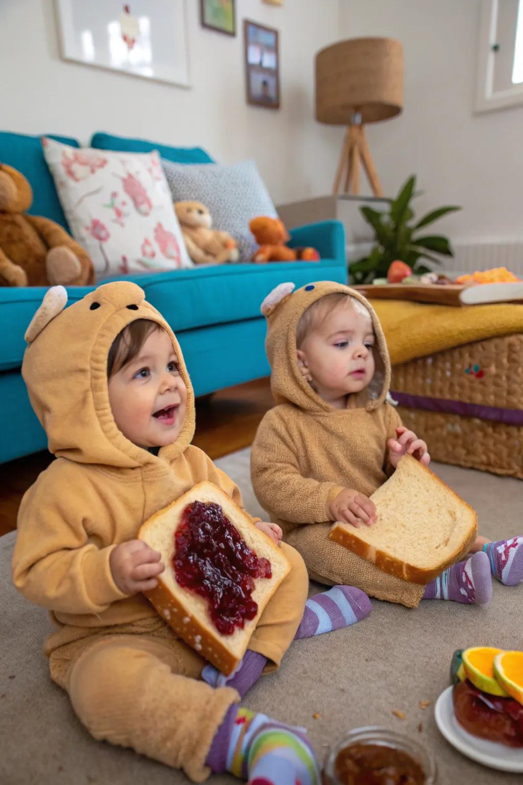 A perfect pairing: twins as peanut butter and jelly sandwiches.