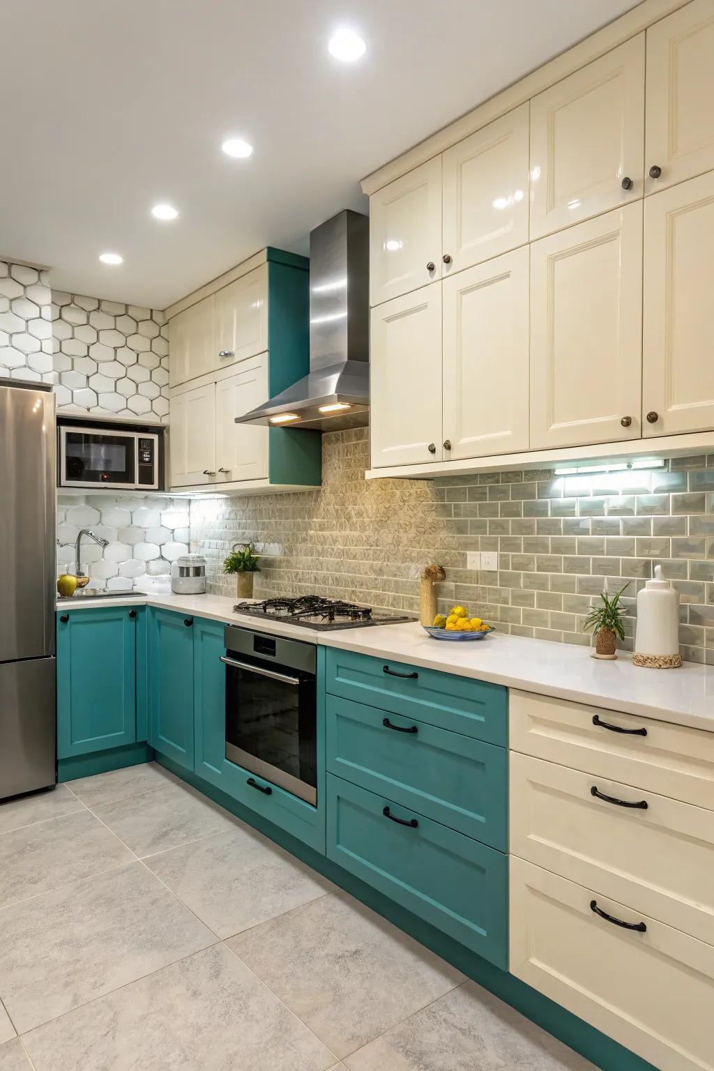 A kitchen showcasing a striking color contrast through its two backsplashes.