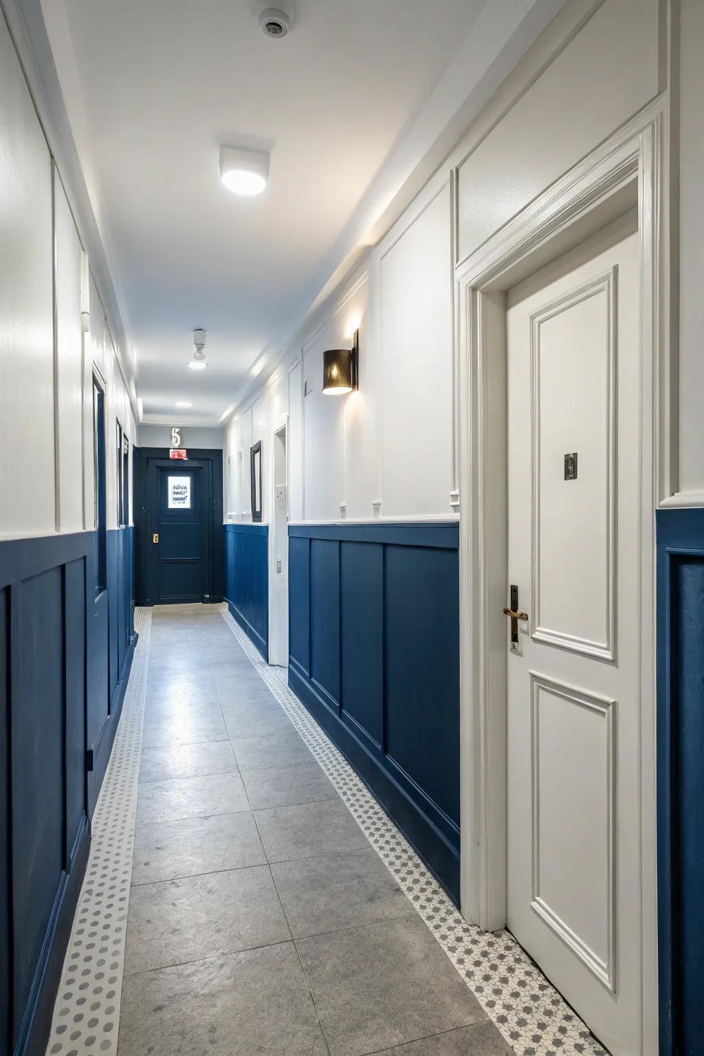 Nautical and white two-tone walls create a memorable visual impact.