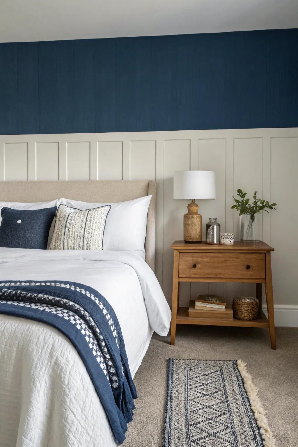 Bedroom showcasing a classic horizontally split two-toned wall.
