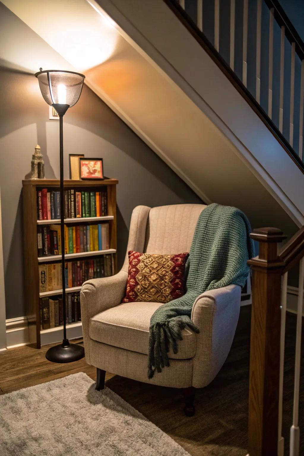 Design a personal reading haven beneath the staircase.