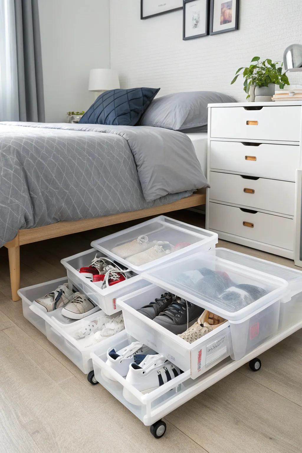 Maintain an orderly shoe collection with the convenience of rolling under-bed storage.