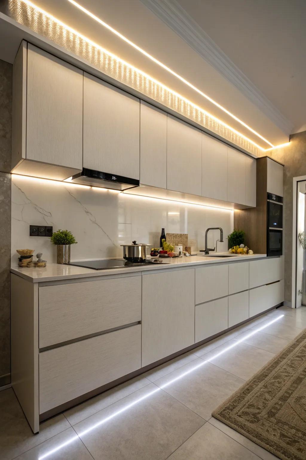 LED strip lights offer a streamlined and modern appearance beneath kitchen cabinets.