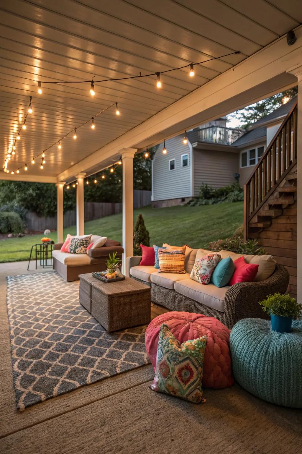 A tranquil outdoor living area beneath the deck, featuring plush seating and vibrant decorative elements.