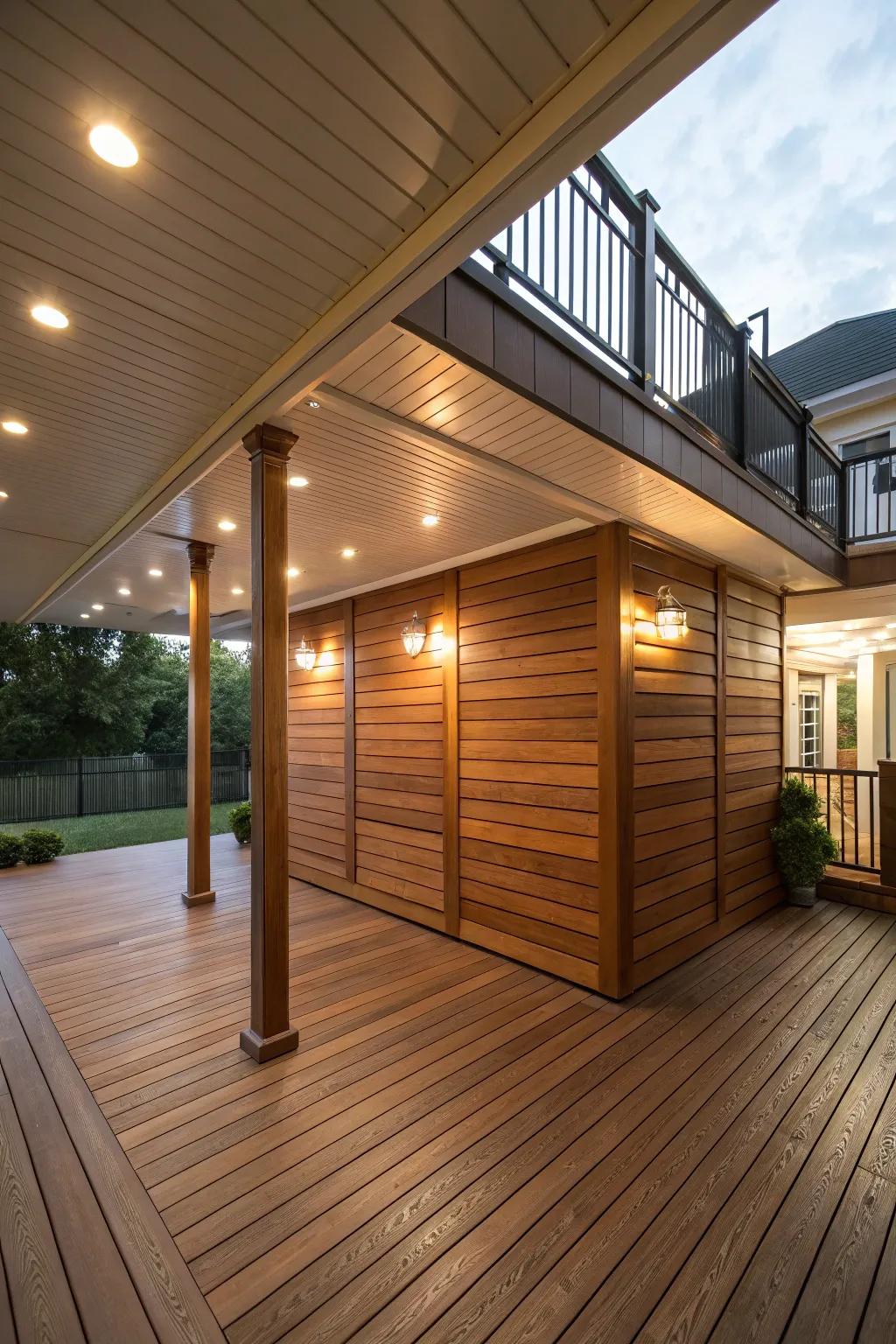 Wood panels give the space under the deck a streamlined, structured appearance.
