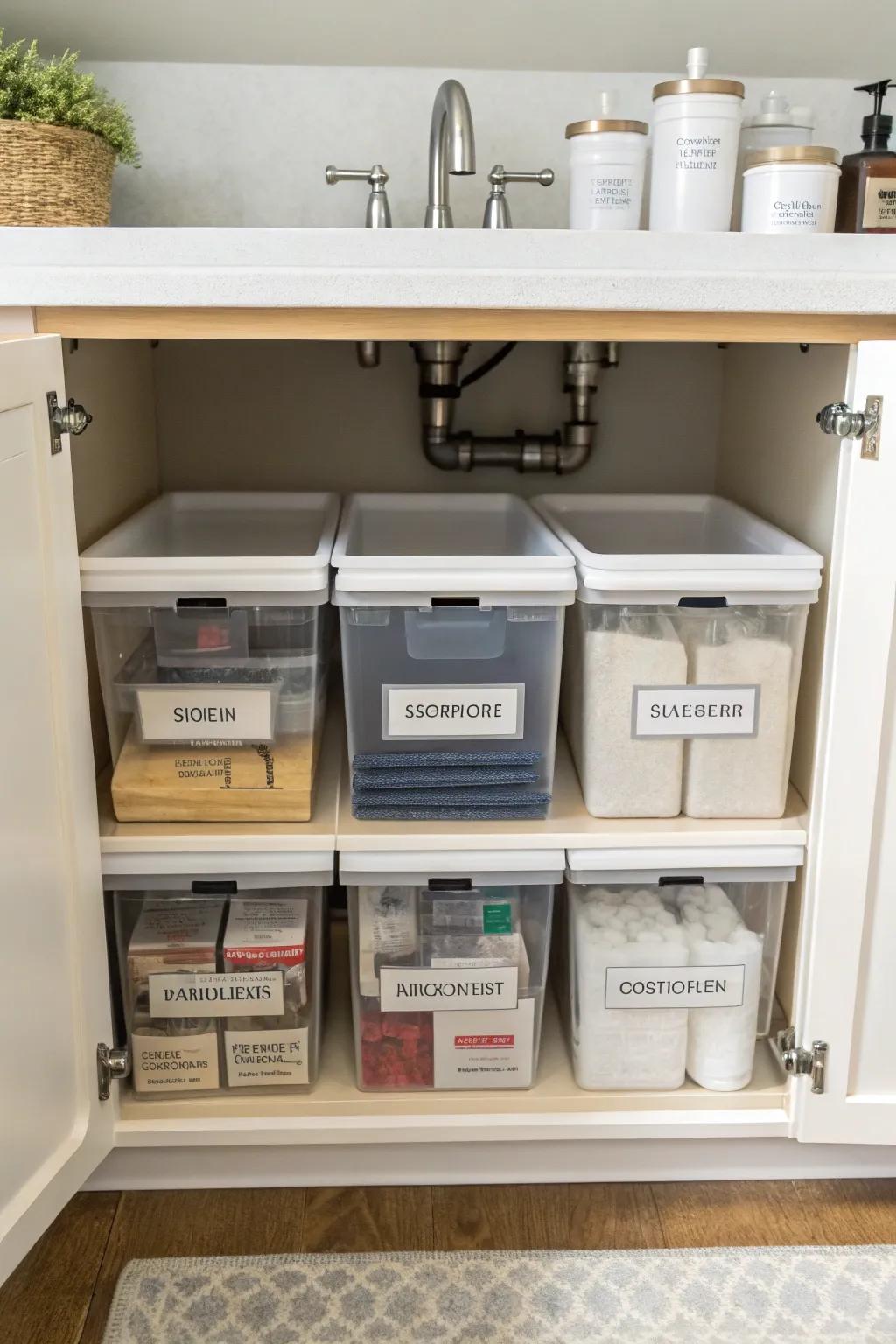 Clear containers simplify finding and retrieving your essentials.