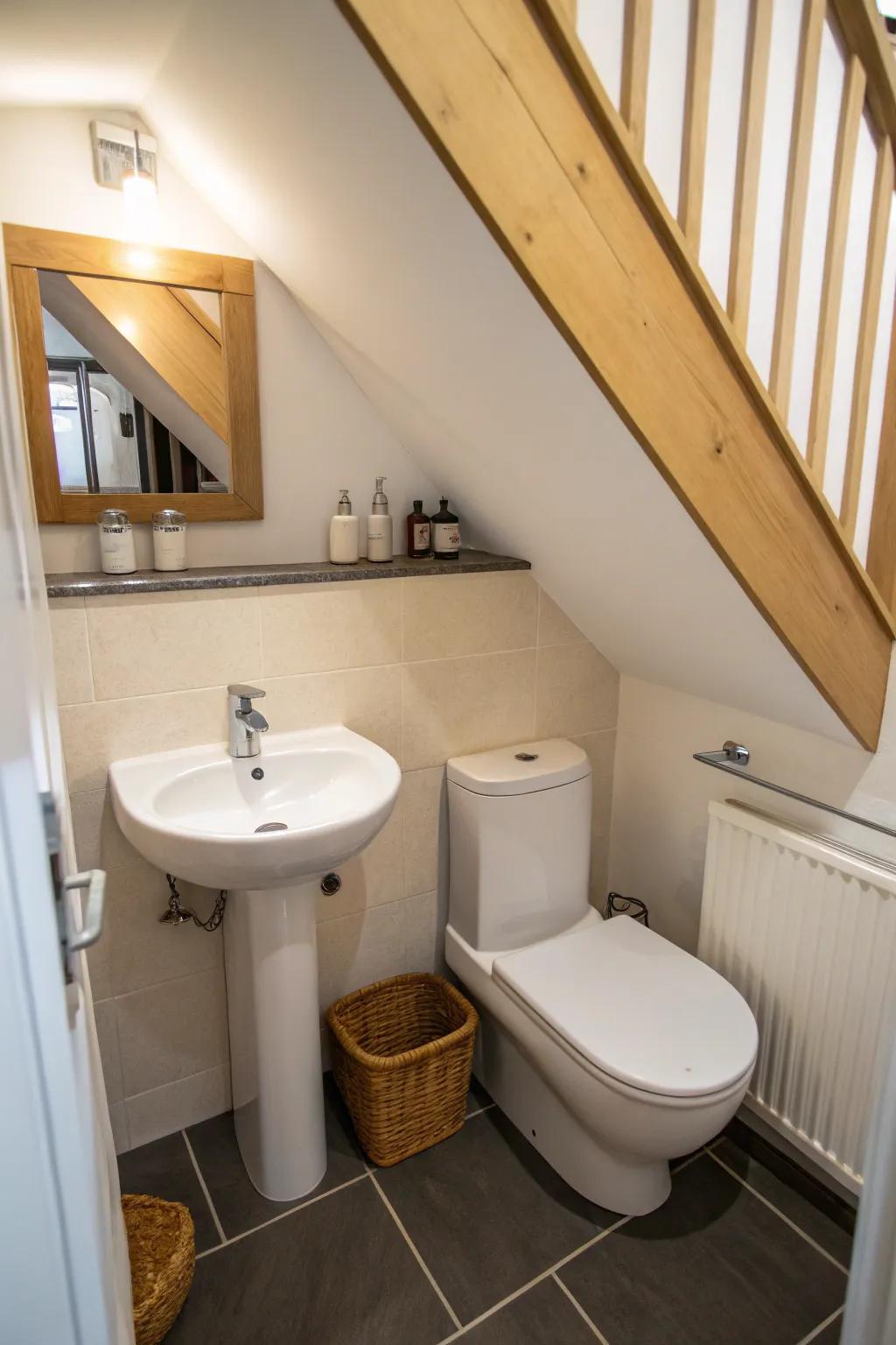 A washroom under the stairs featuring a smart, compact layout with a corner hand basin and wall-mounted lavatory.