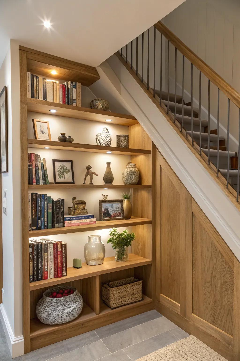 Custom shelving turns the under-stairs area into an organized retreat.