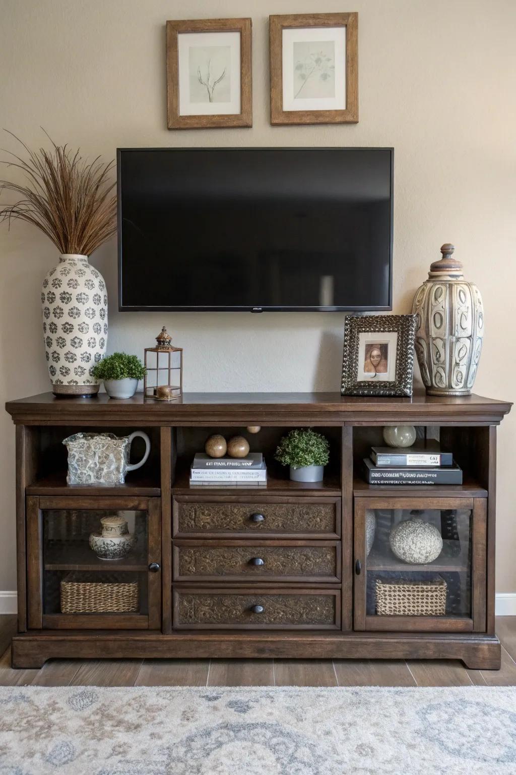 A classic TV unit introduces both style and practicality under your mounted TV.