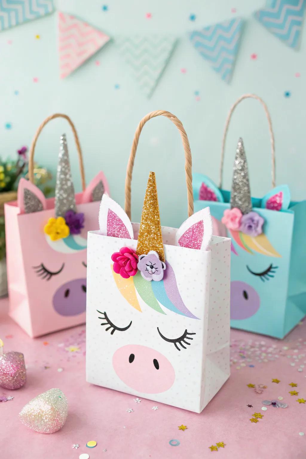 Dreamy equine goodie bags enhanced with felt ears and sparkling horns.