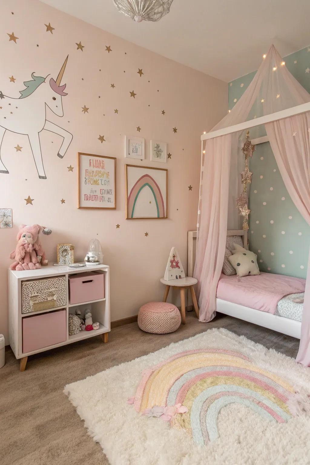 A dreamy haven featuring unicorn-themed decor and gentle colors.