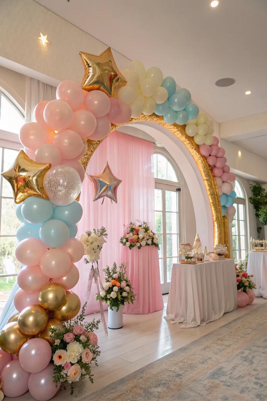 A captivating balloon garland featuring radiant accents and star shapes for a celestial-inspired theme.