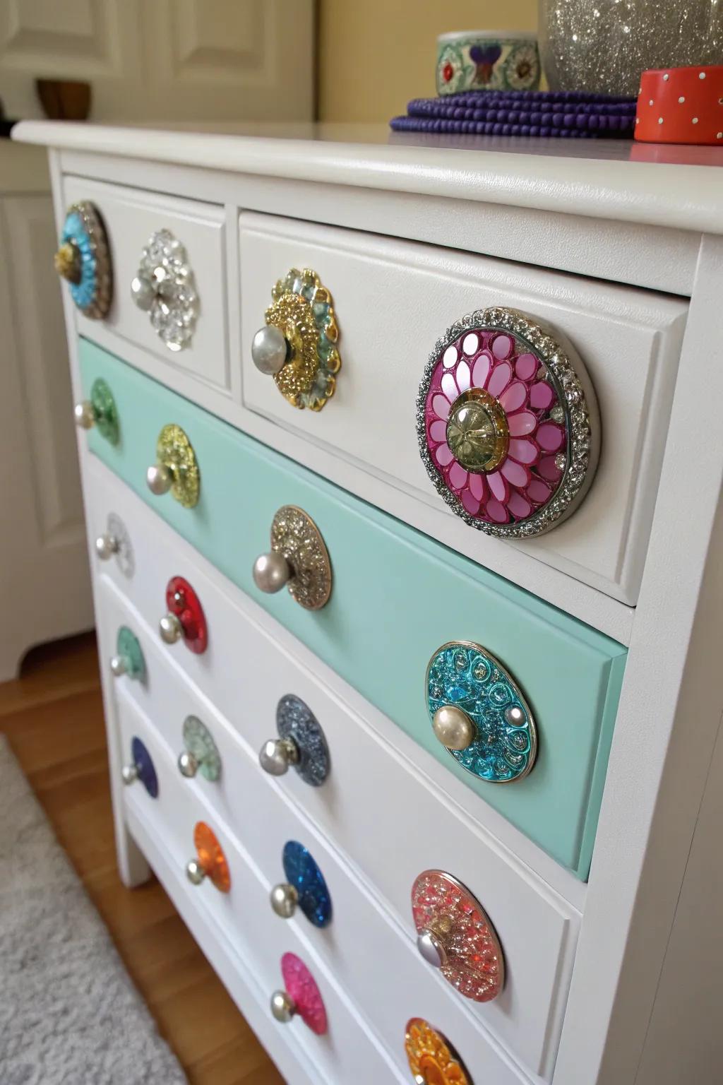 Convert old jewelry into radiant drawer pulls.