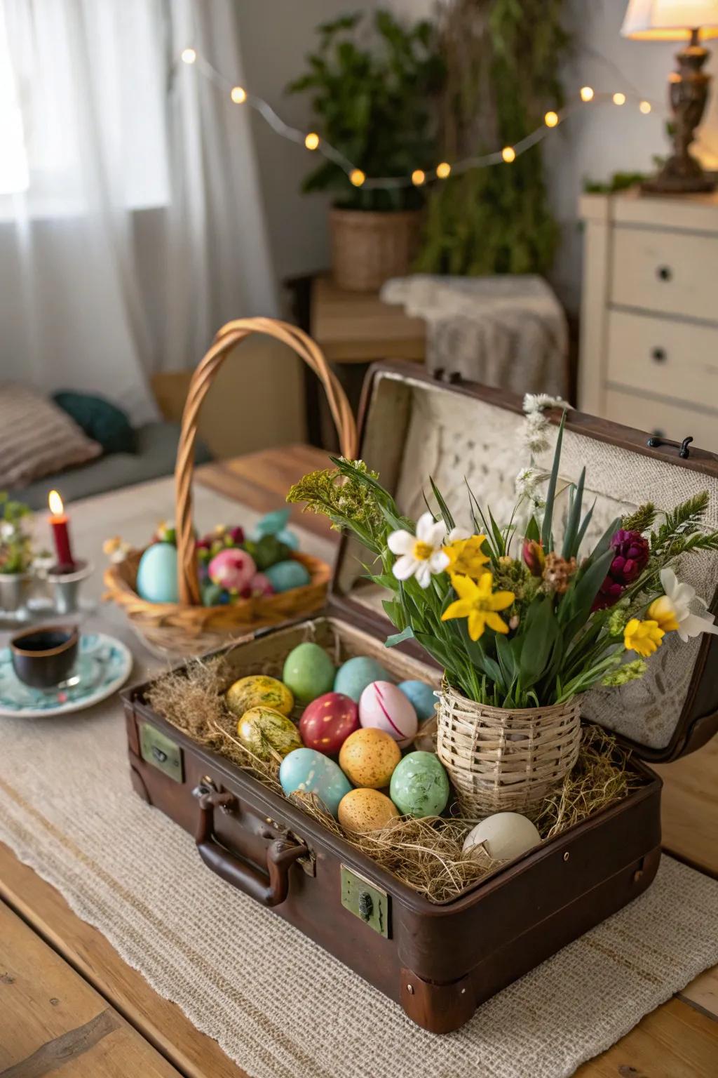 A retro luggage piece is repurposed into an endearing Easter basket.