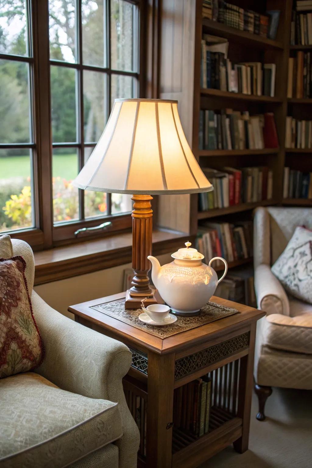 A quaint kettle lamp for a cozy corner.