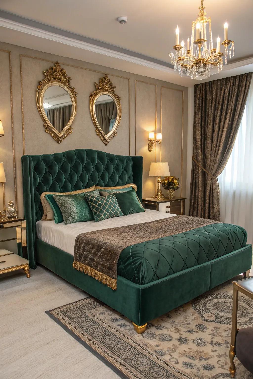 This bed is turned into a deluxe focal point with velvet covering.