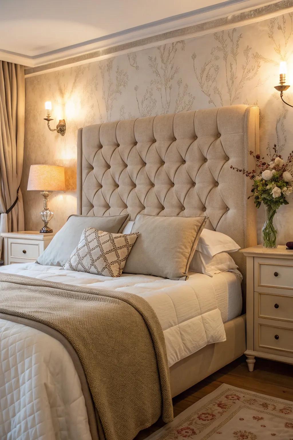A classic padded headboard enhances the elegance of this tranquil bedroom.