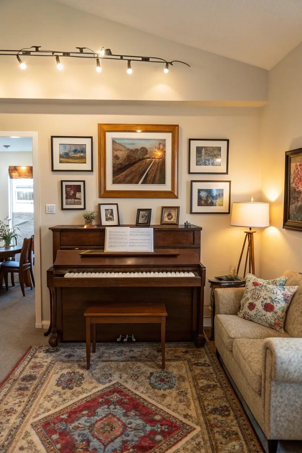 A welcoming living space featuring an upright piano beautifully enhanced by an art display overhead.
