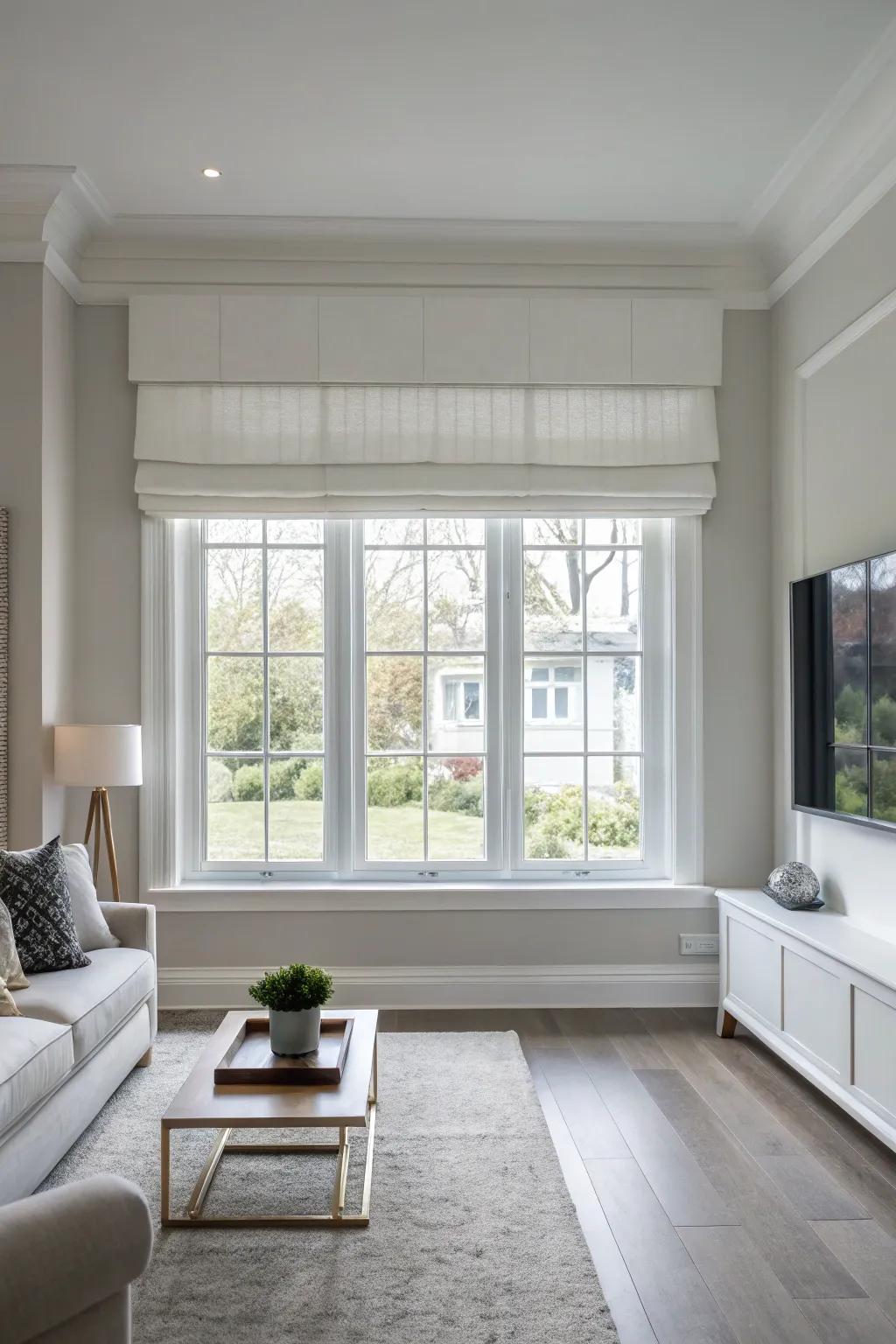 A minimalist living room featuring a window with a sleek white valance.
