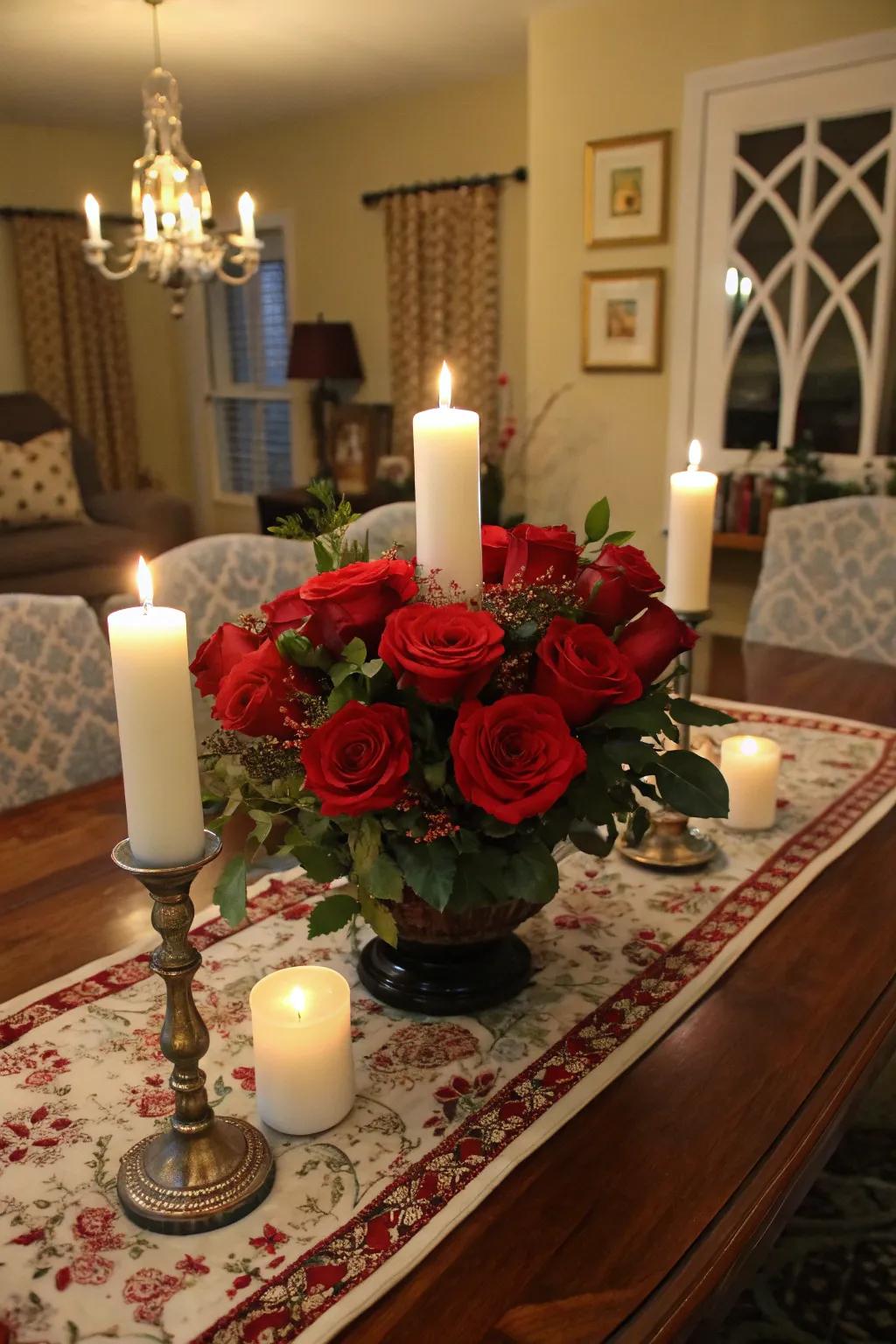 Timeless elegance with red roses and candlelight.
