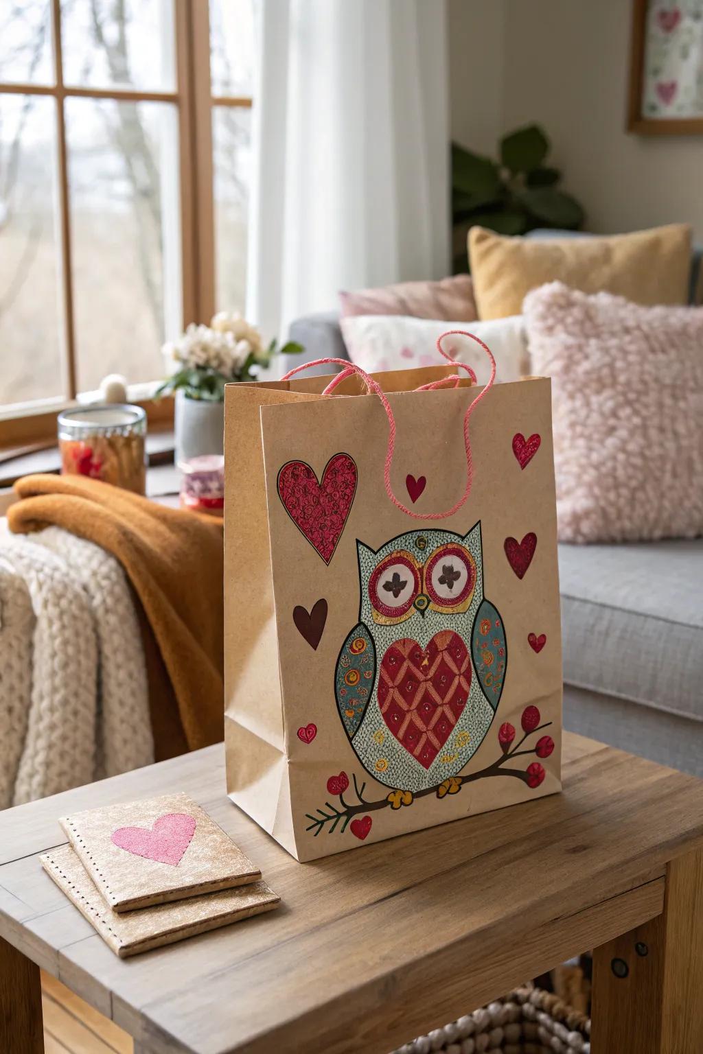 A darling owl-themed Valentine's Day surprise bag.