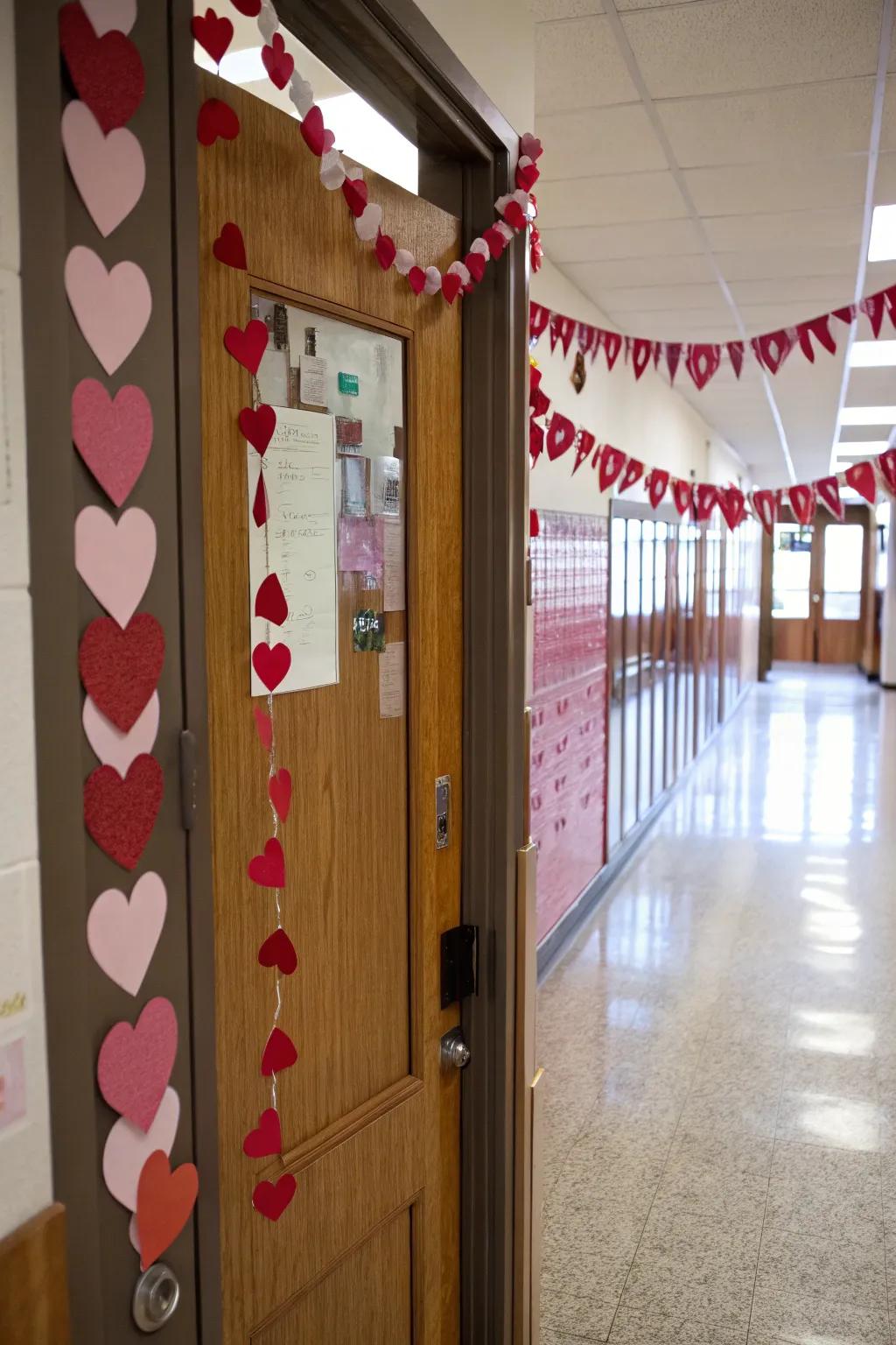 A classroom door displaying a flowing garland of crimson and rose hearts, ideal for Valentine's Day.