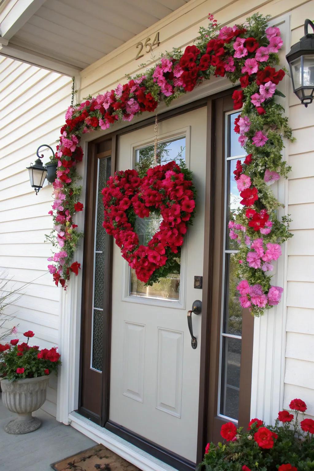 A heart-shaped floral wreath brings allure to any Valentine's Day door.