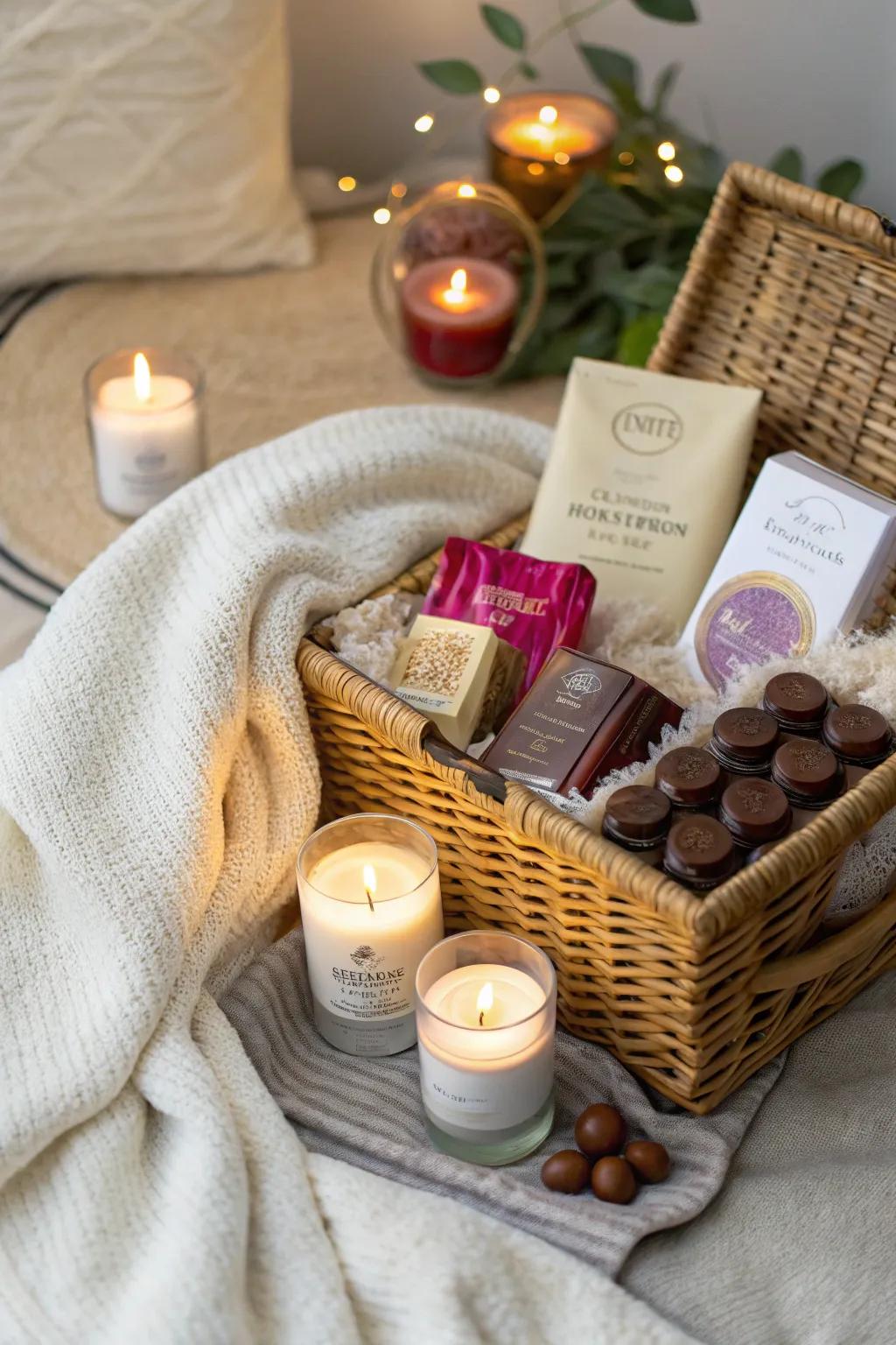 A custom-made gift basket overflowing with Valentine's Day pleasures
