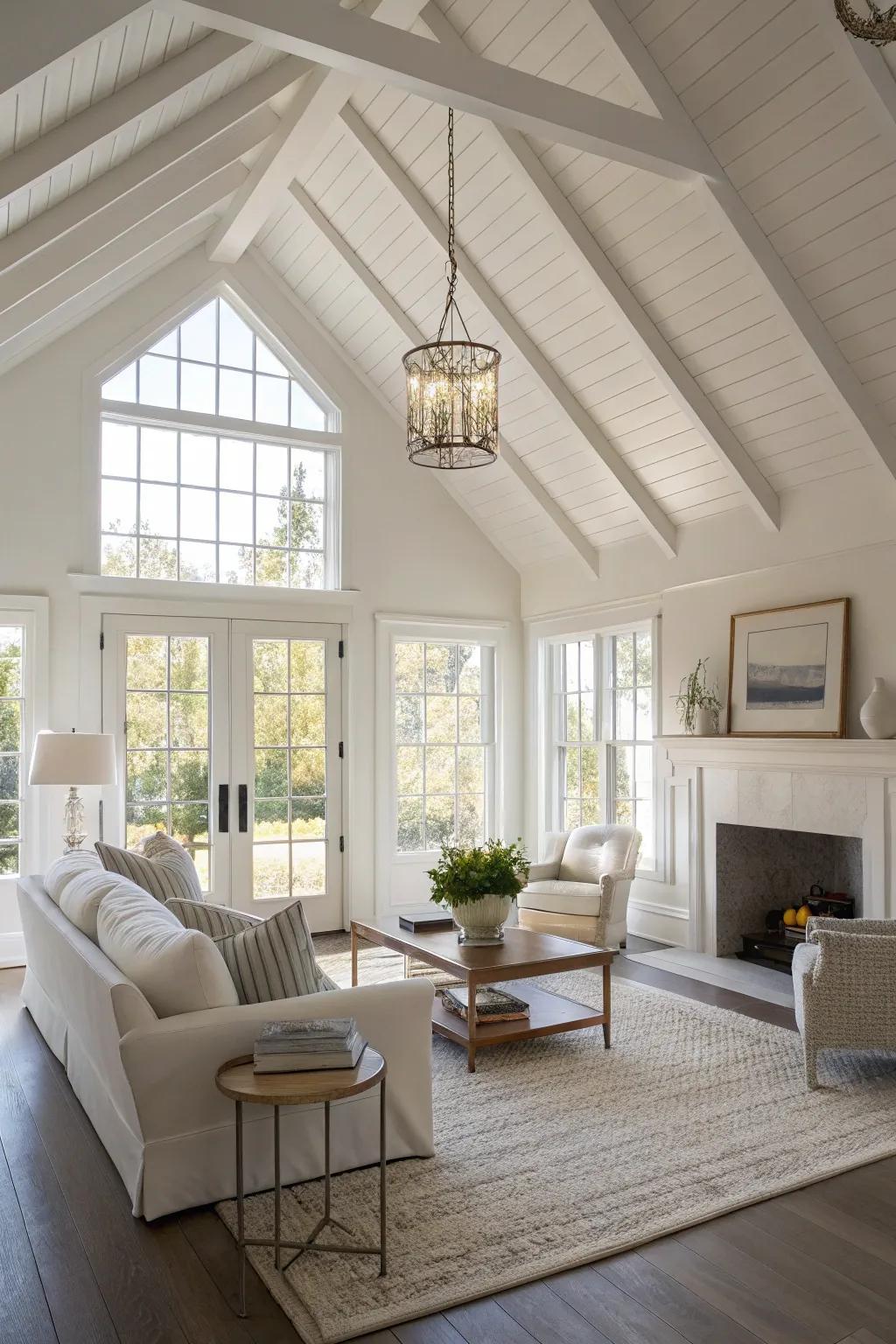 A pristine white vaulted ceiling imparts classic sophistication to your living area.