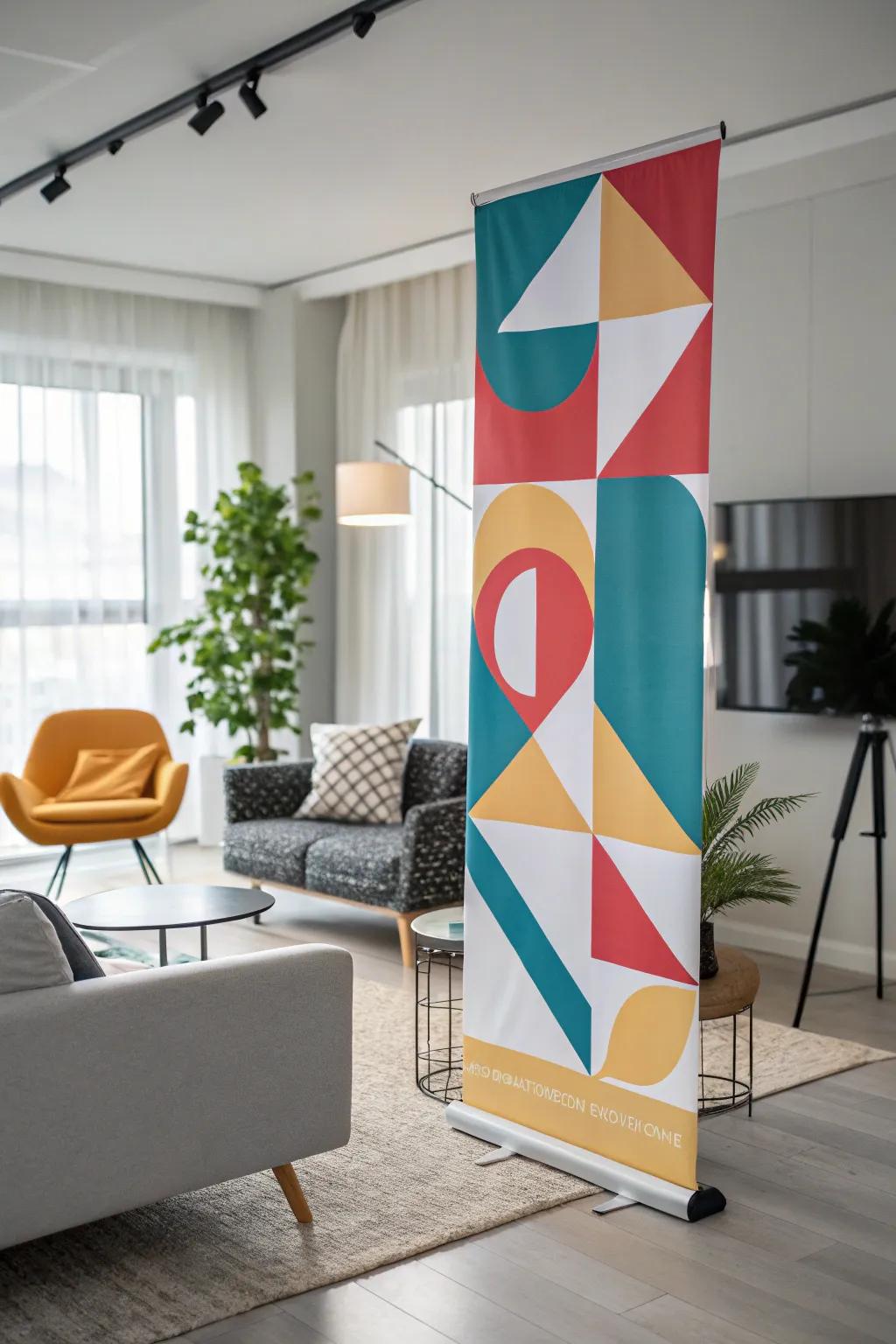 A living room gains modern appeal with a vertical banner showcasing geometric designs.
