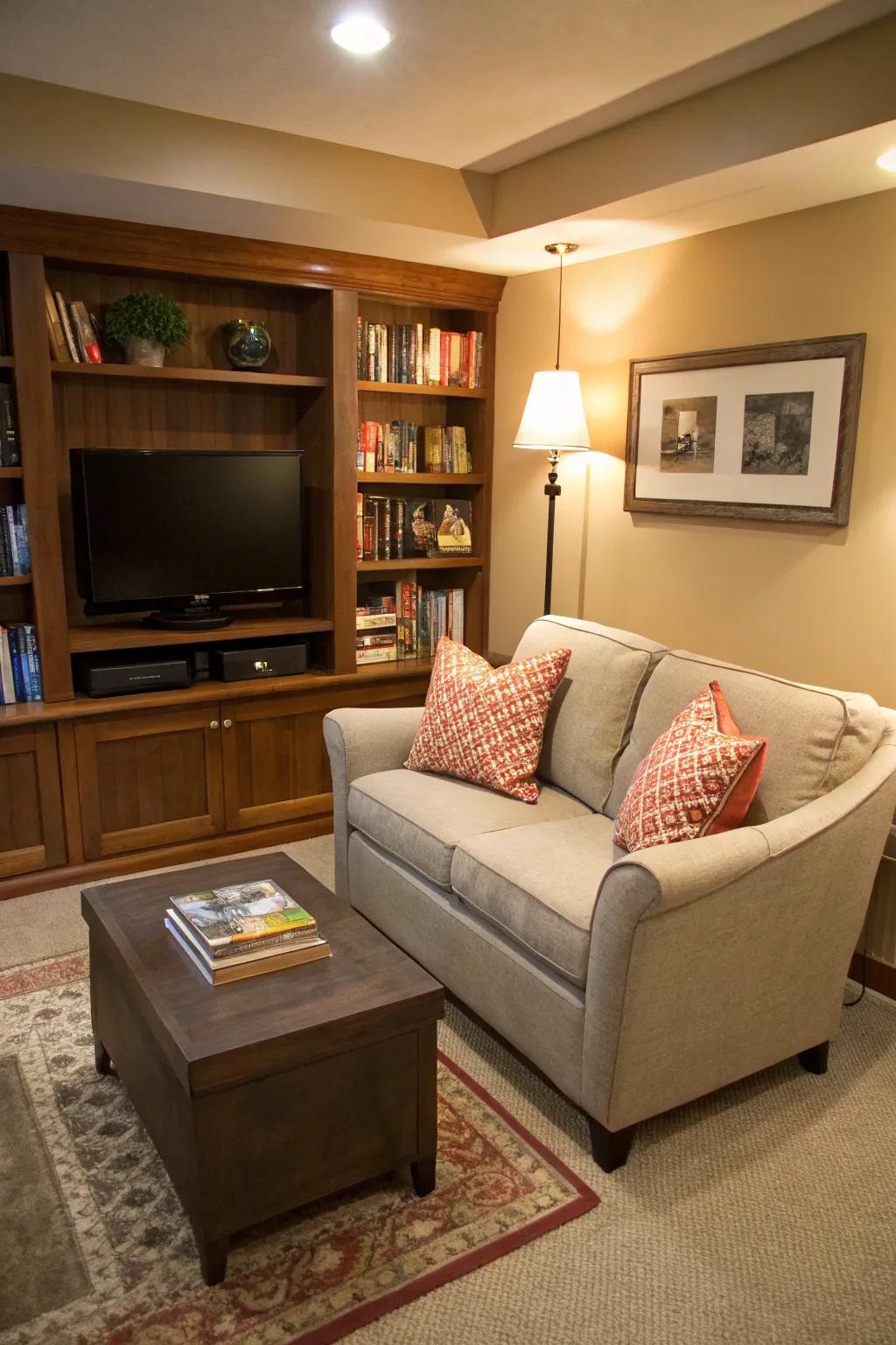 A small loveseat adds to the snug feel of a compact TV space