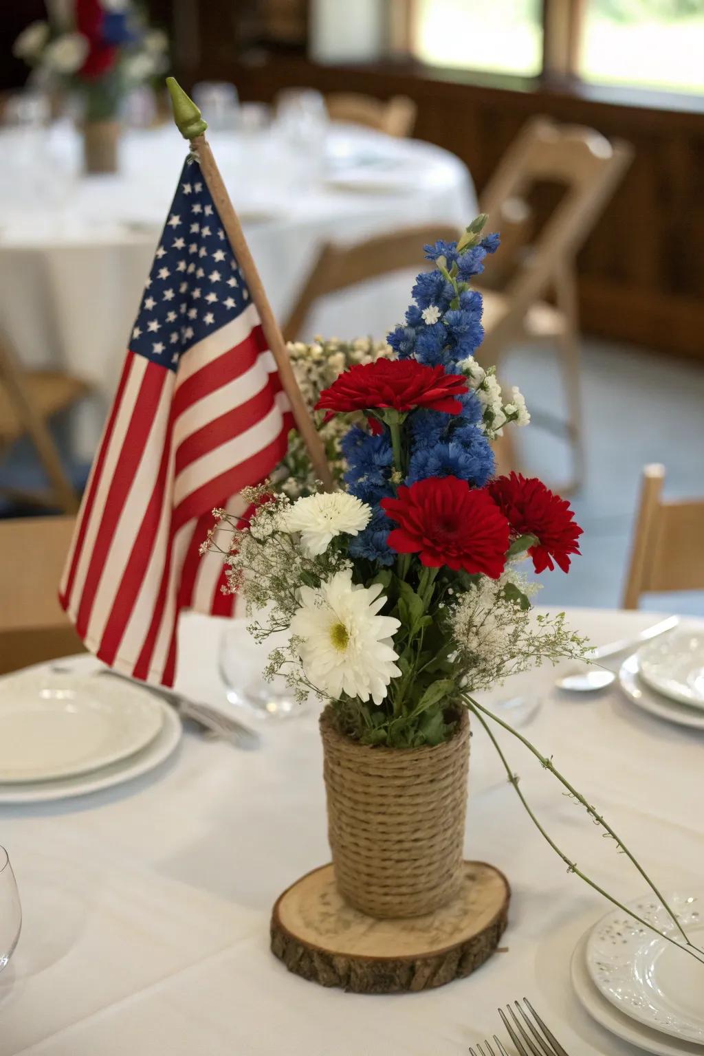 A traditional national flag centerpiece with a homespun touch.