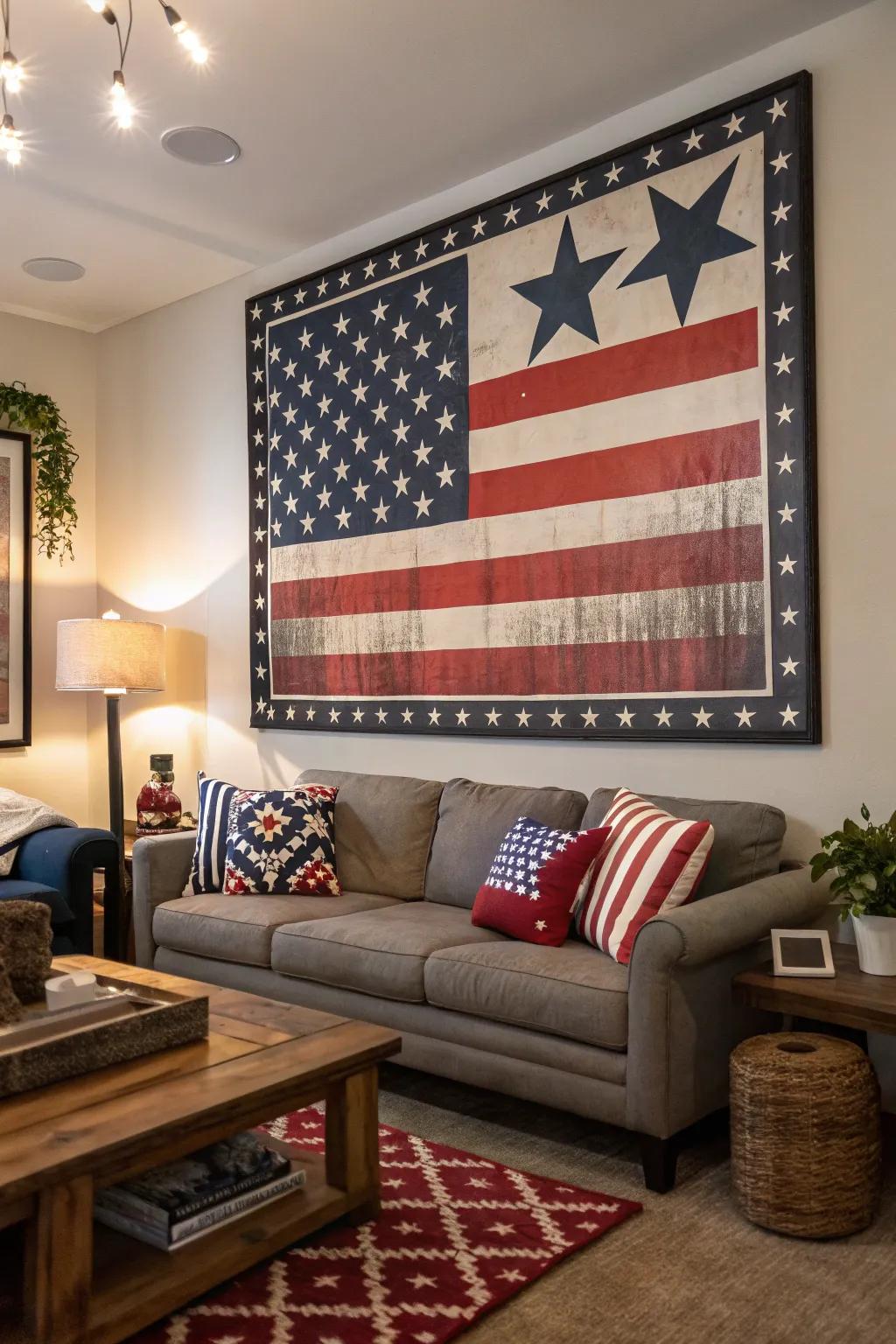 A vibrant poster that features nationalistic emblems, perfect for any residence.