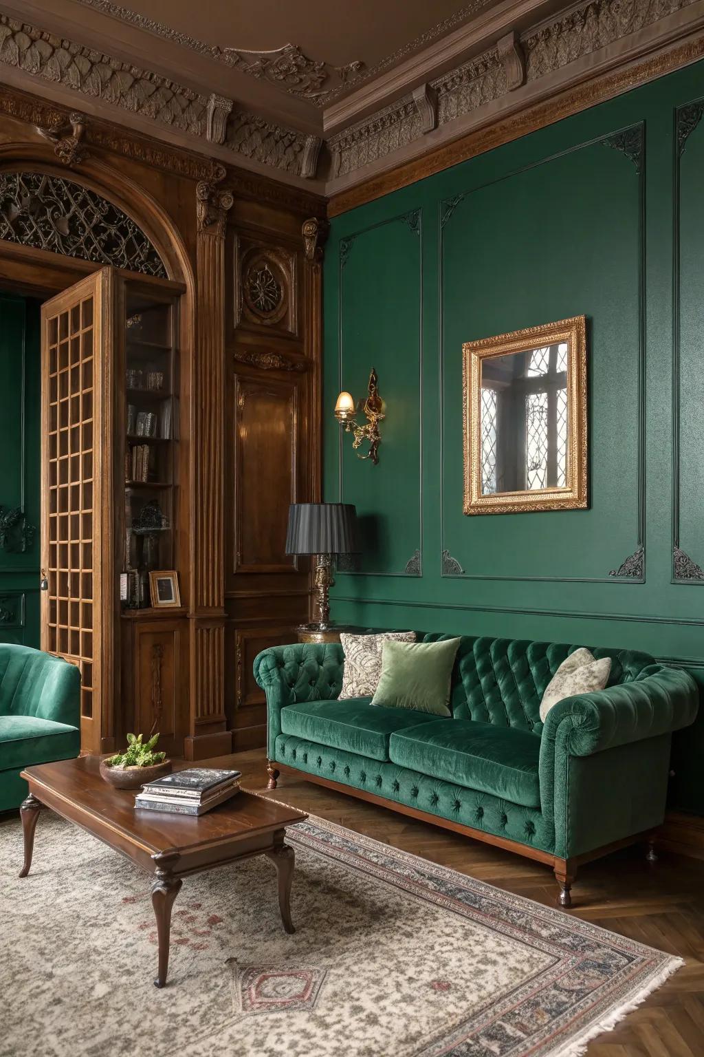 A sophisticated living room decorated with walls in emerald green and luxurious furnishings.