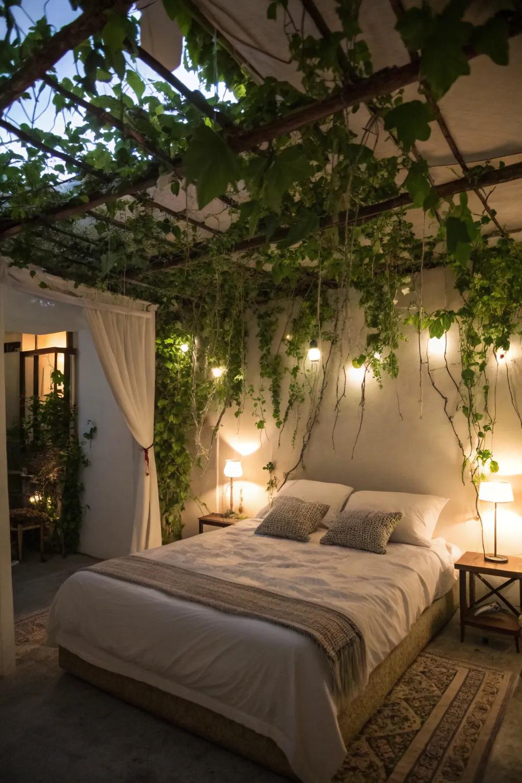 Design an enchanting sanctuary with an overhead trailing plant canopy.