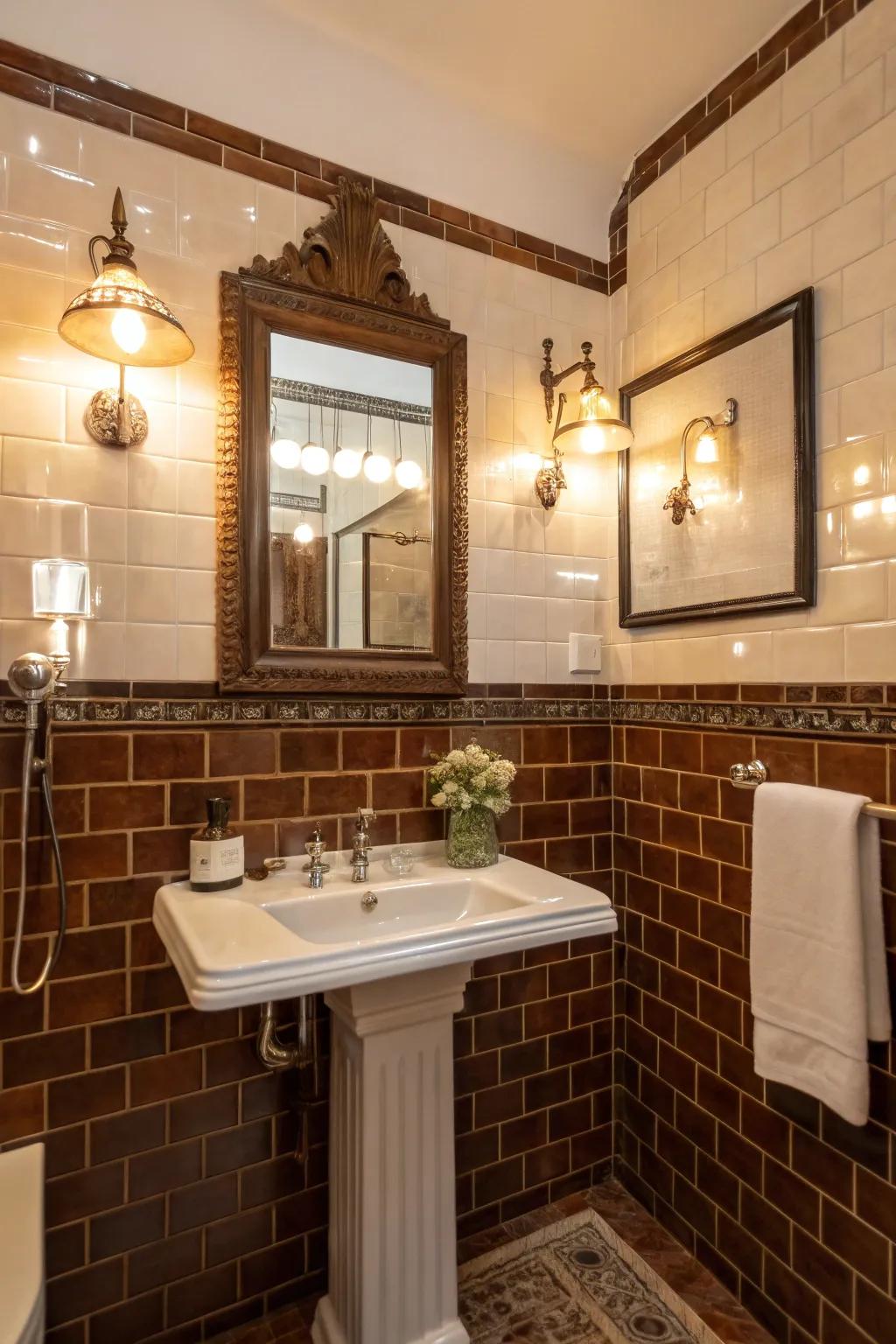 Polished brown tiles beautifully reflect light, creating a retro atmosphere.