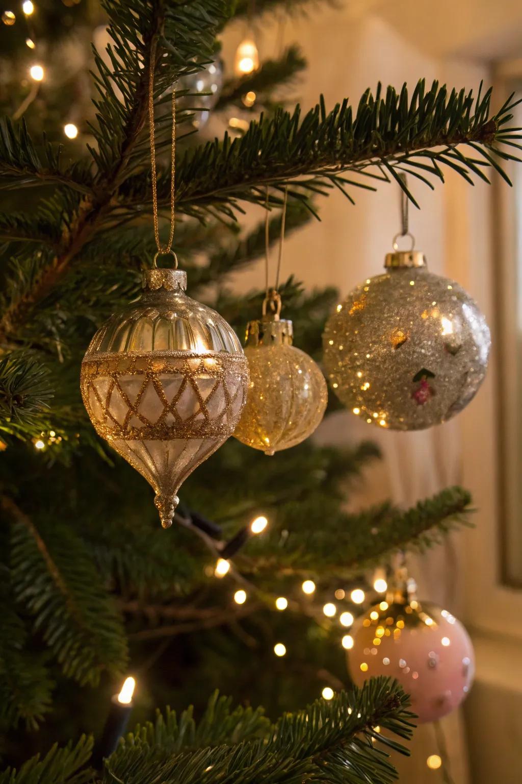 Classic glass ornaments adorning a vintage-inspired Christmas tree.