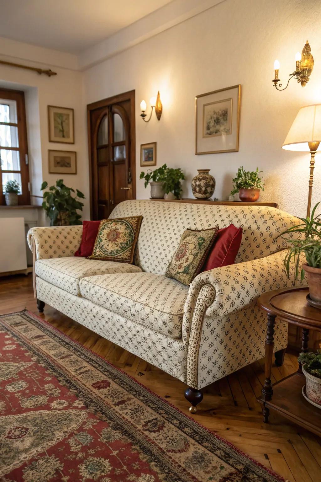 A retro sofa with refined fabric as the focal point of a welcoming living area.