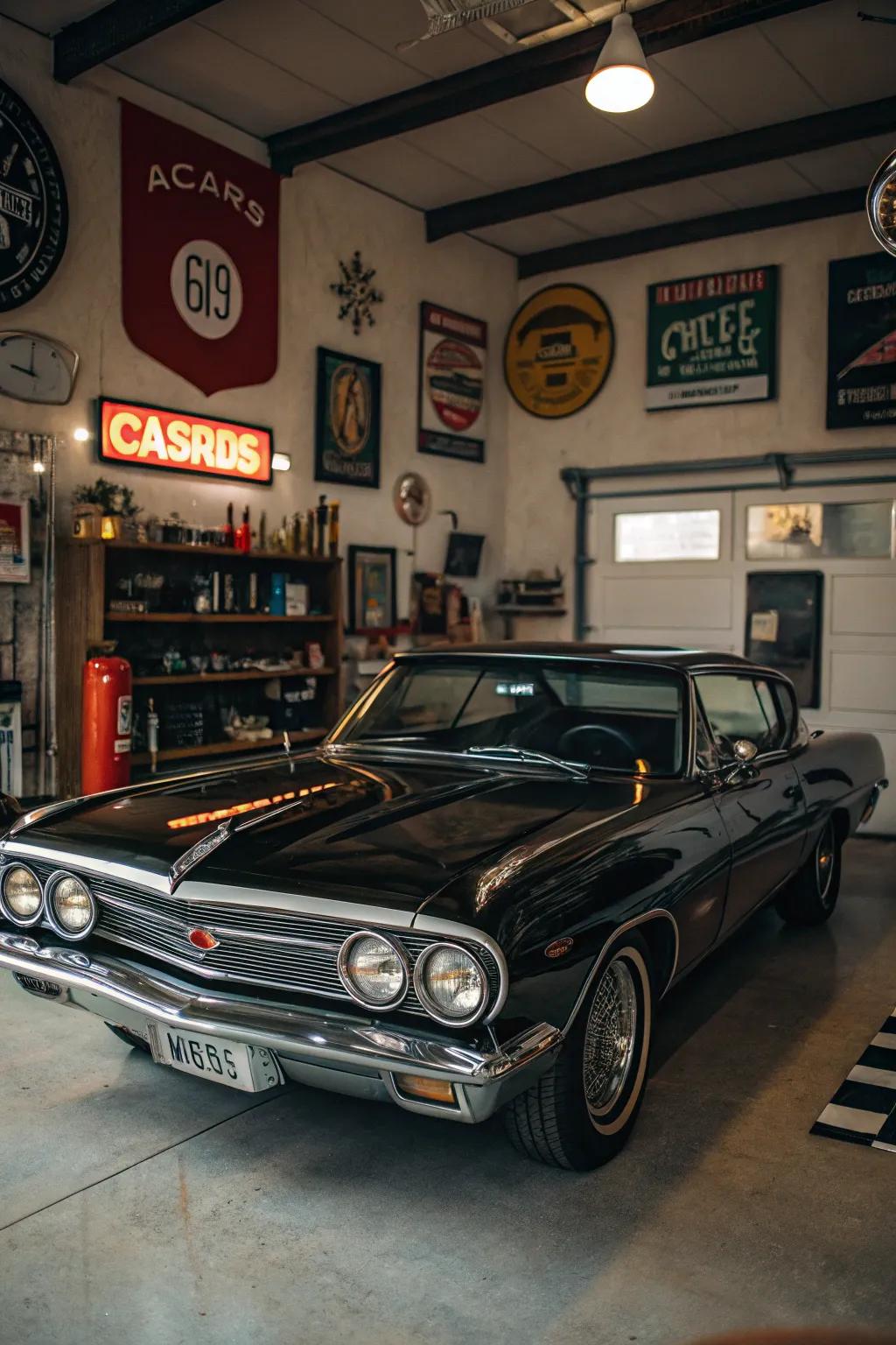 A classic car commands attention in a beautifully designed vintage garage.