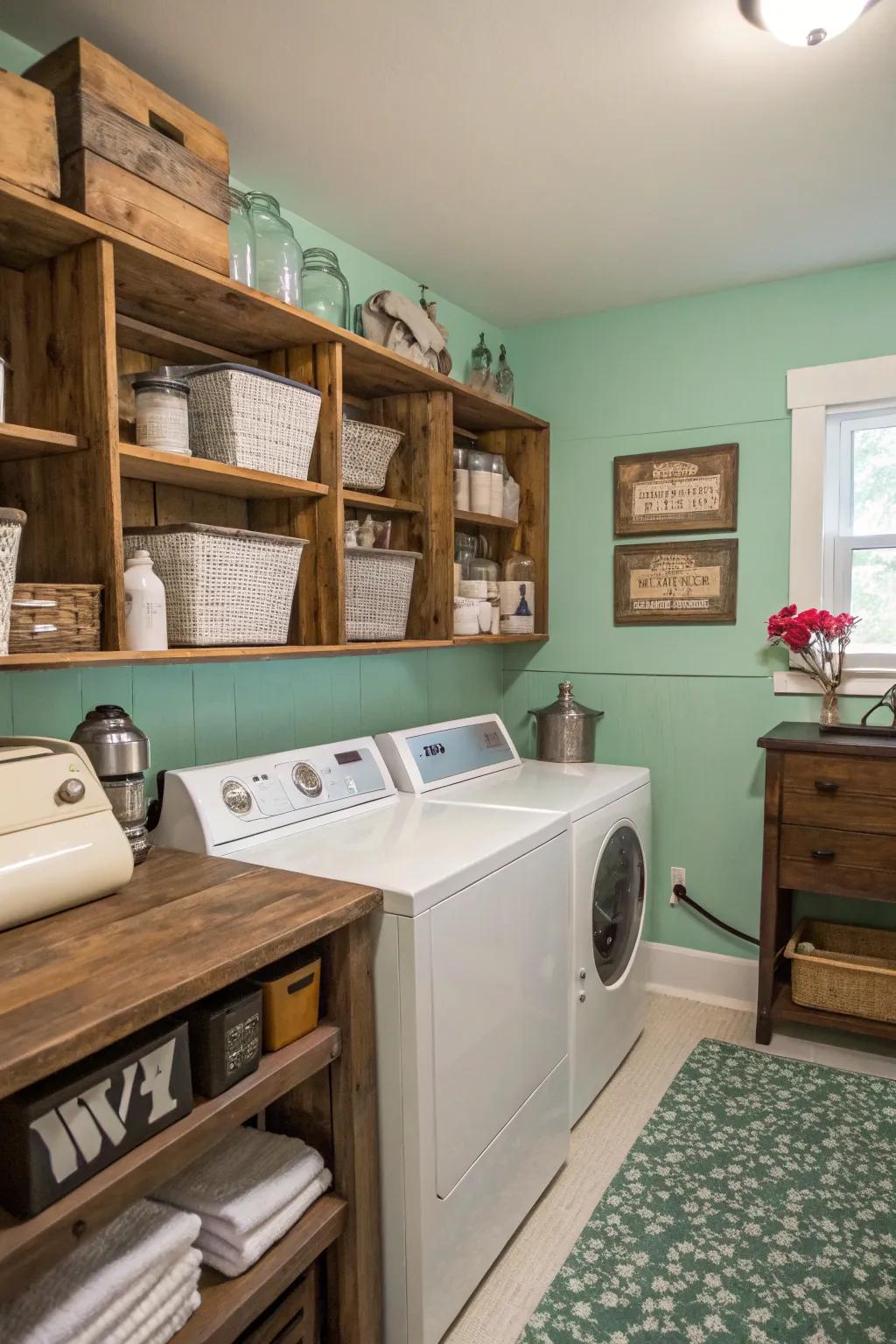A laundry space featuring peaceful seafoam green walls and vintage-style decorations.