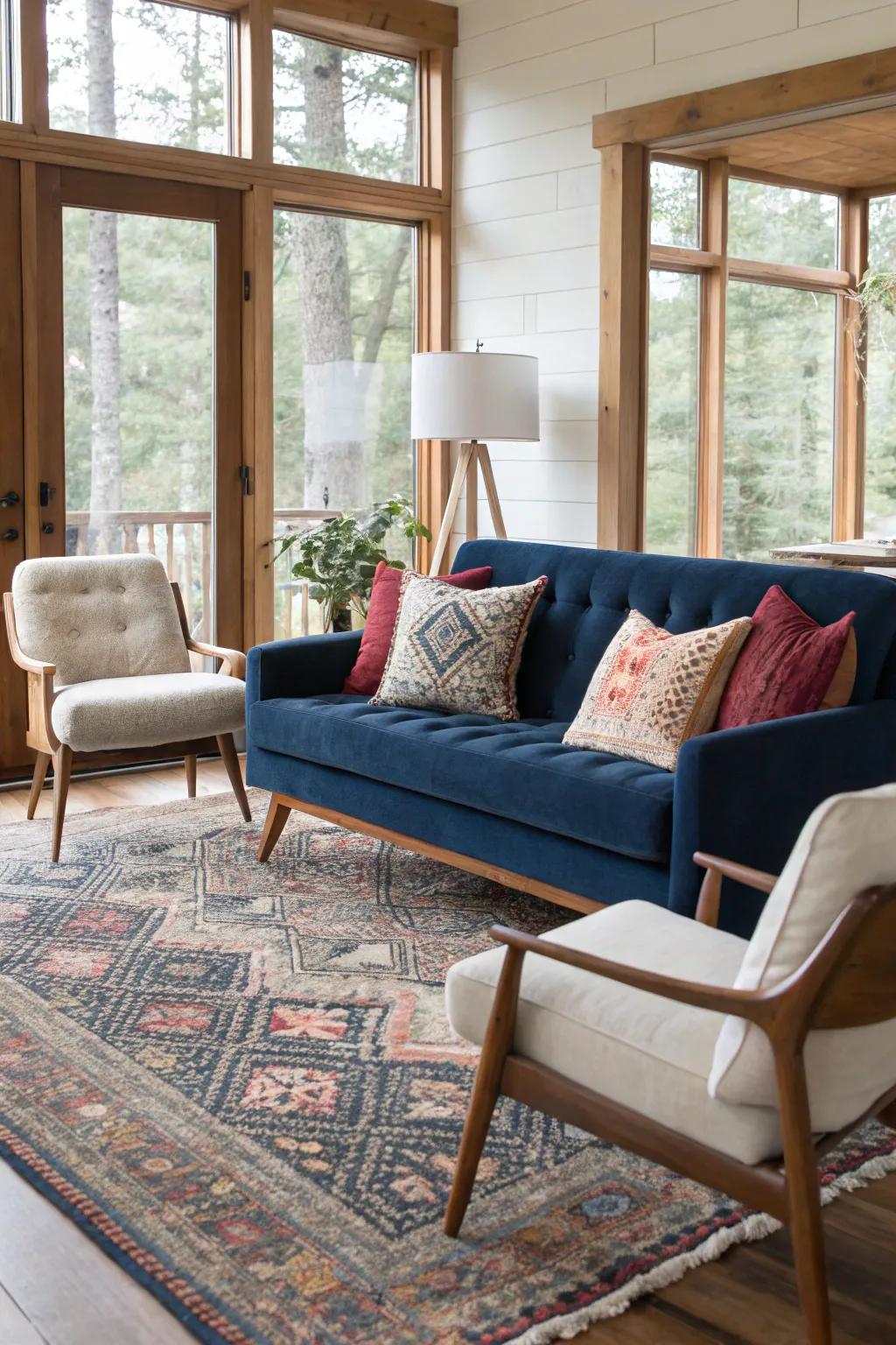 A harmonious combination of vintage and modern seating establishes a fashionable living space ambiance.