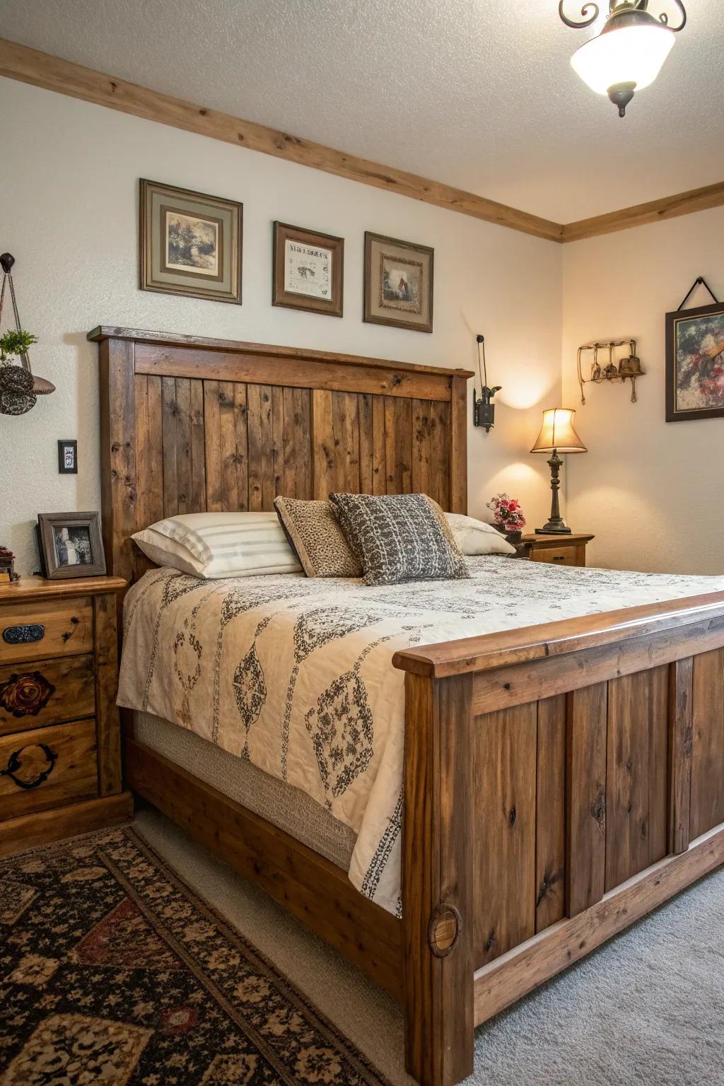 An earthy wooden headboard enriches your bedroom with warmth and charm.