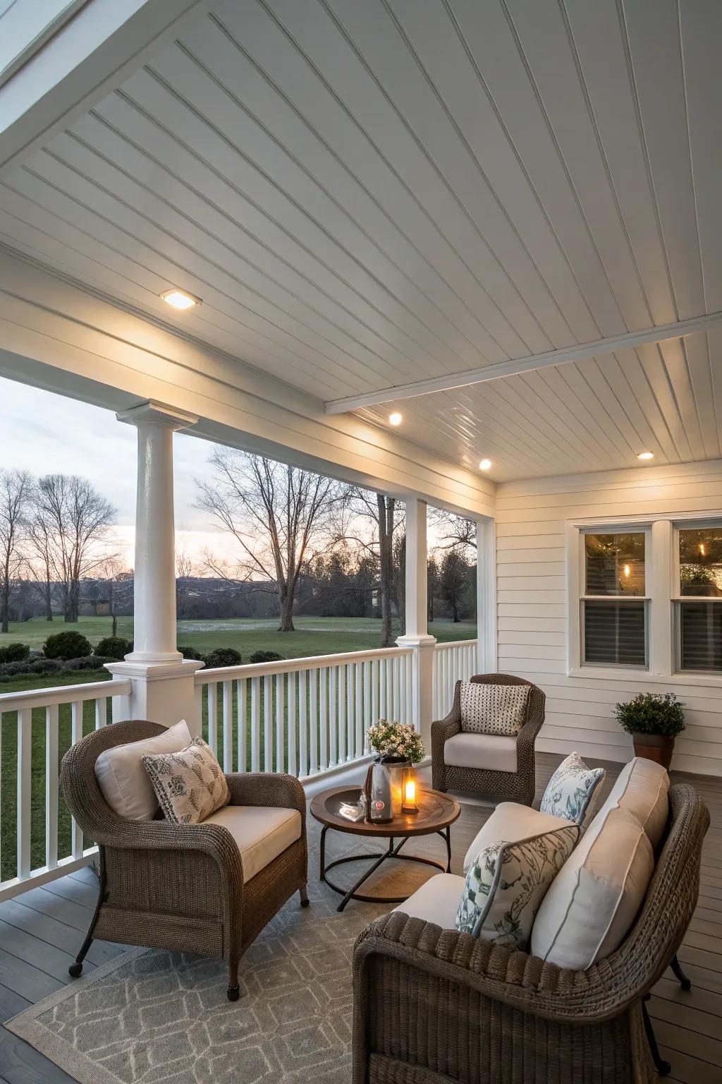 Classic white vinyl panels provide a fresh, contemporary feel to your porch.