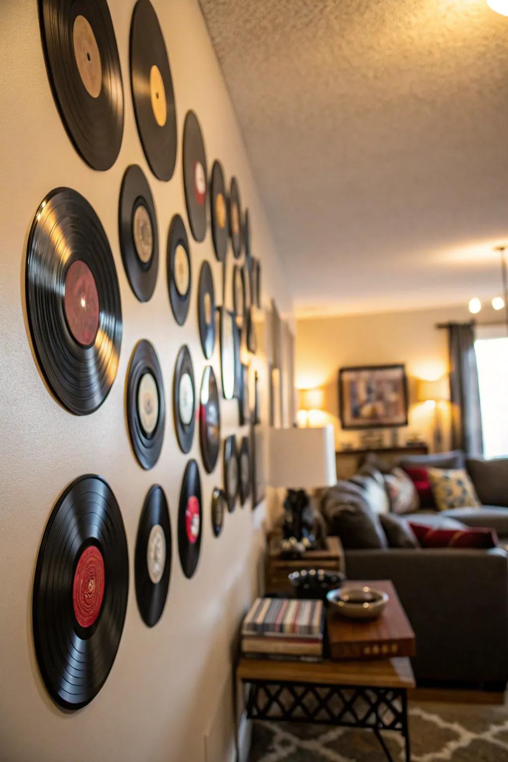 Design a captivating wall display using your cherished vinyl records.