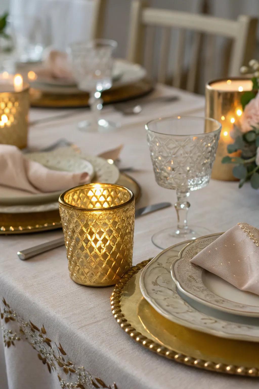 Gold votive vessels bring a luxurious feel to any tablescape.