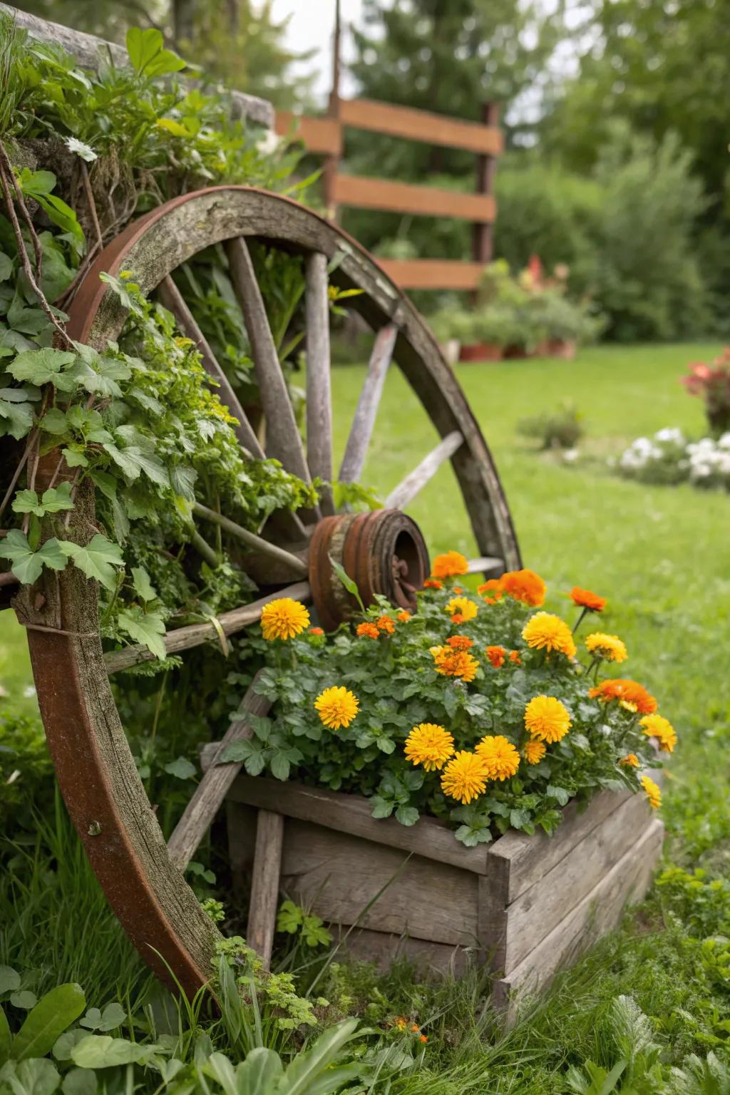 A cartwheel feature decorated with bright calendulas and winding creeping fig.