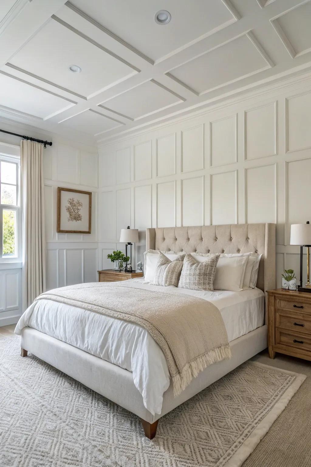 Traditional white paneling gives an enduring sensation to any primary suite.
