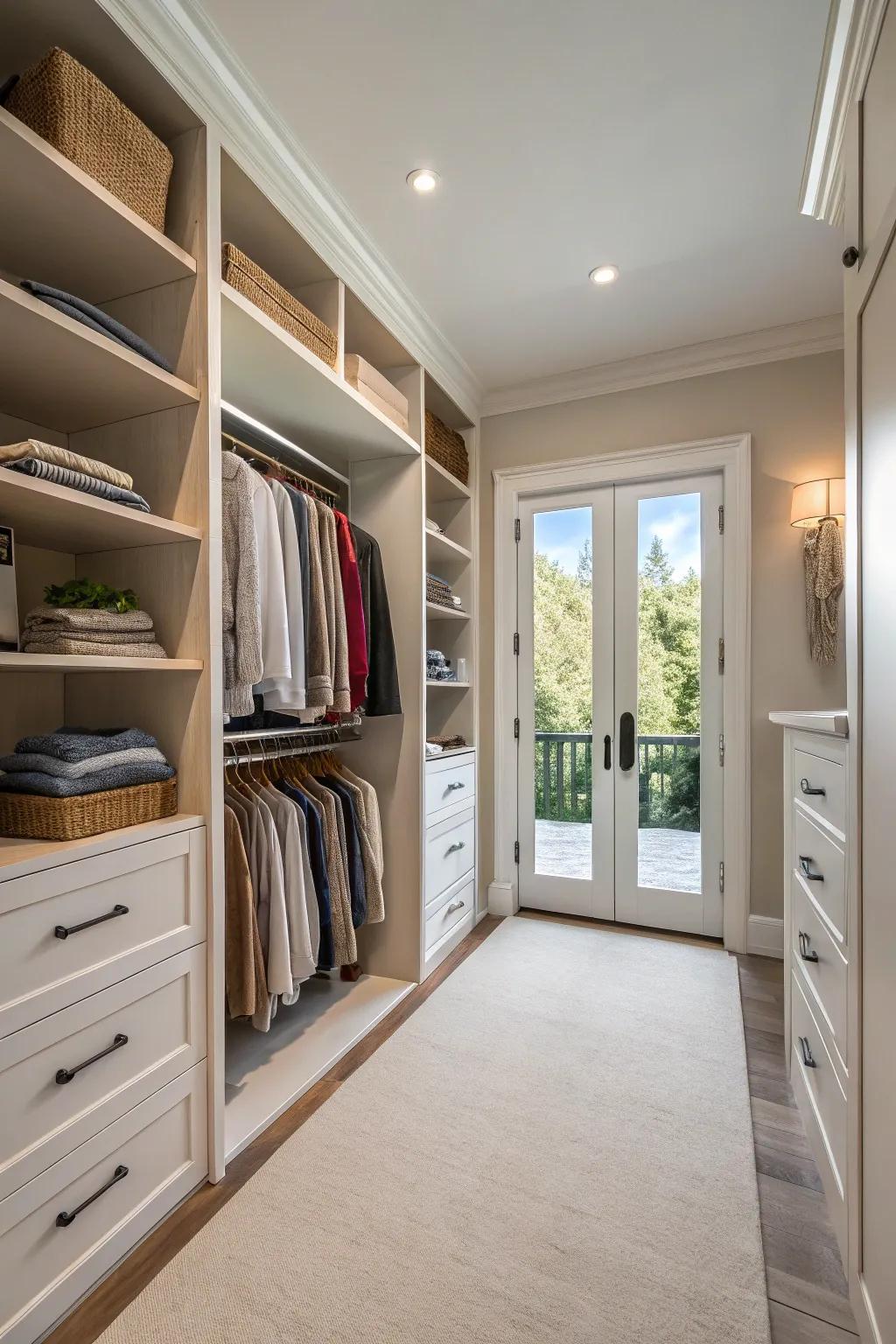 A spacious walk-in closet featuring open shelving for an airy and bright ambiance.